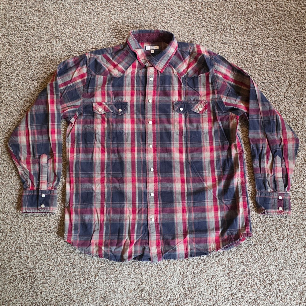 Old Navy Western Shirt Mens XL Sawtooth Red Plaid Snap Front Long Sleeve